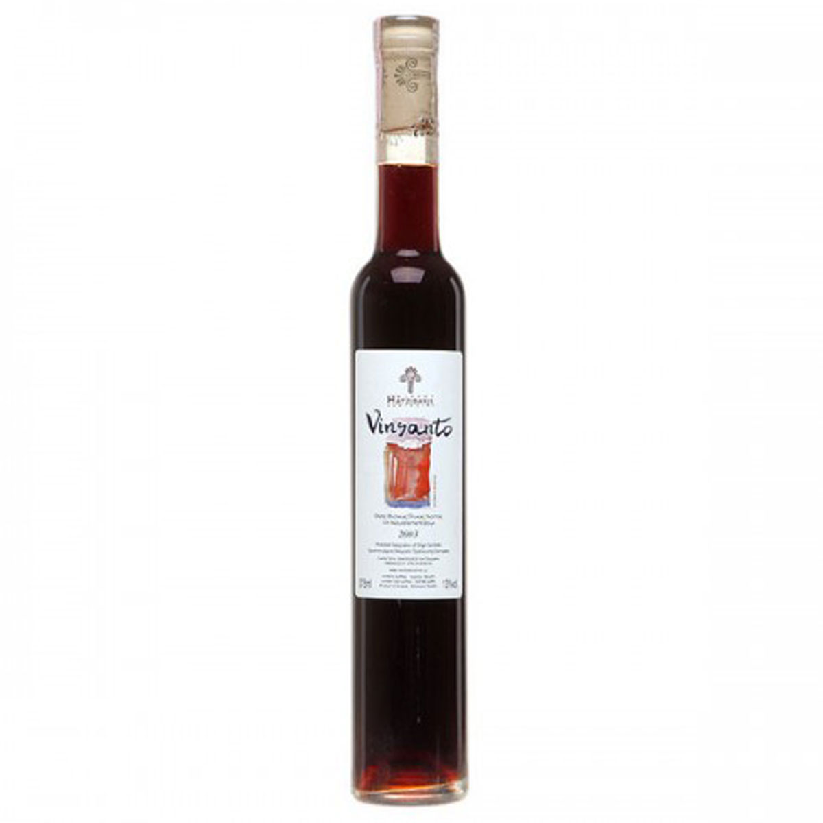 bottle of sweet red wine xatzidaki vinsanto