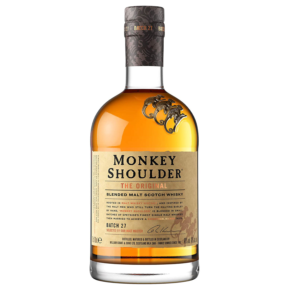 a bottle of shoulder batch 27 triple blended malt whisky